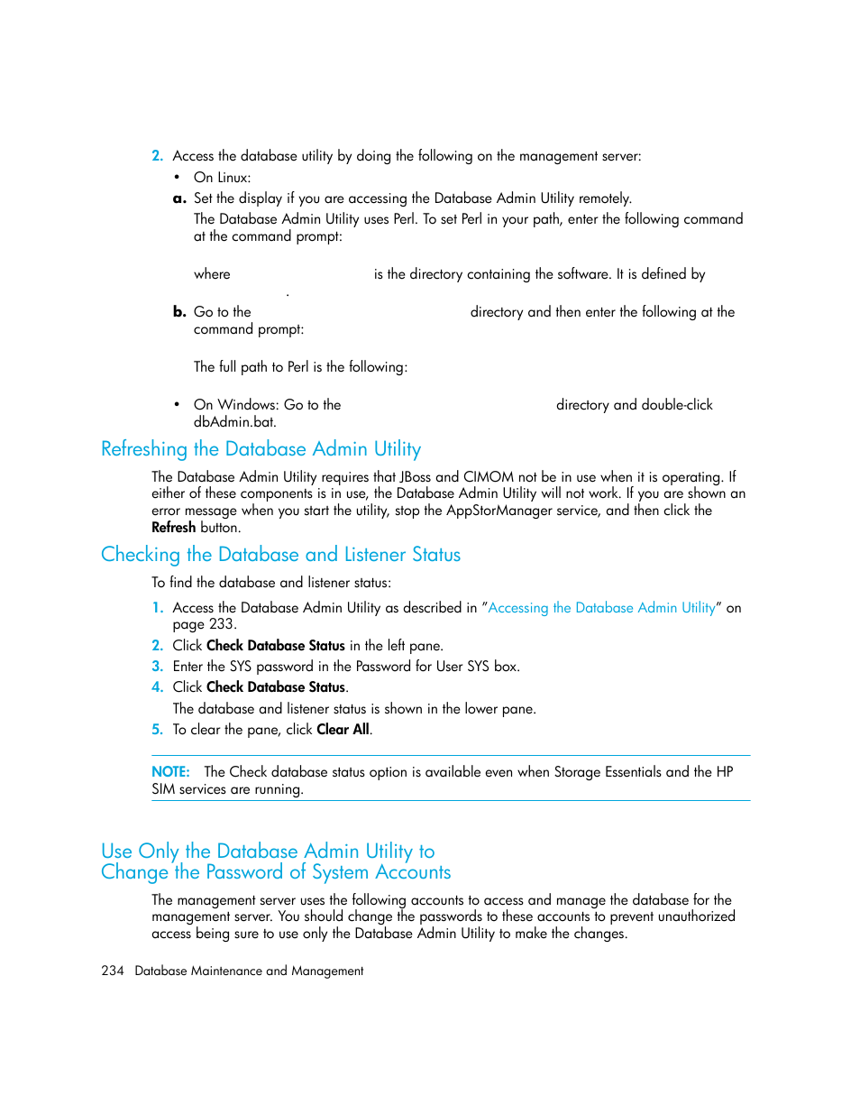Refreshing the database admin utility, Checking the database and listener status, Use only the database admin utility to | Change the password of system accounts | HP Storage Essentials Enterprise Edition Software User Manual | Page 272 / 798