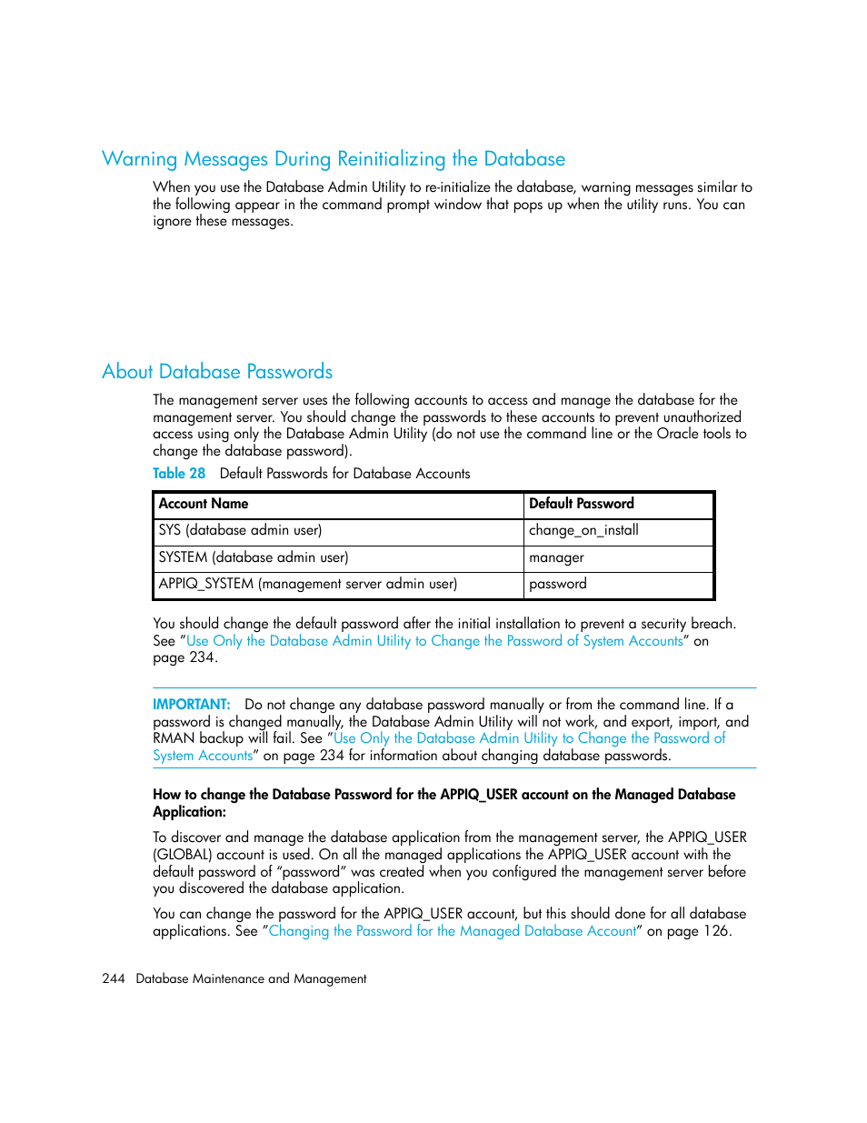 About database passwords, 28 default passwords for database accounts | HP Storage Essentials Enterprise Edition Software User Manual | Page 282 / 798