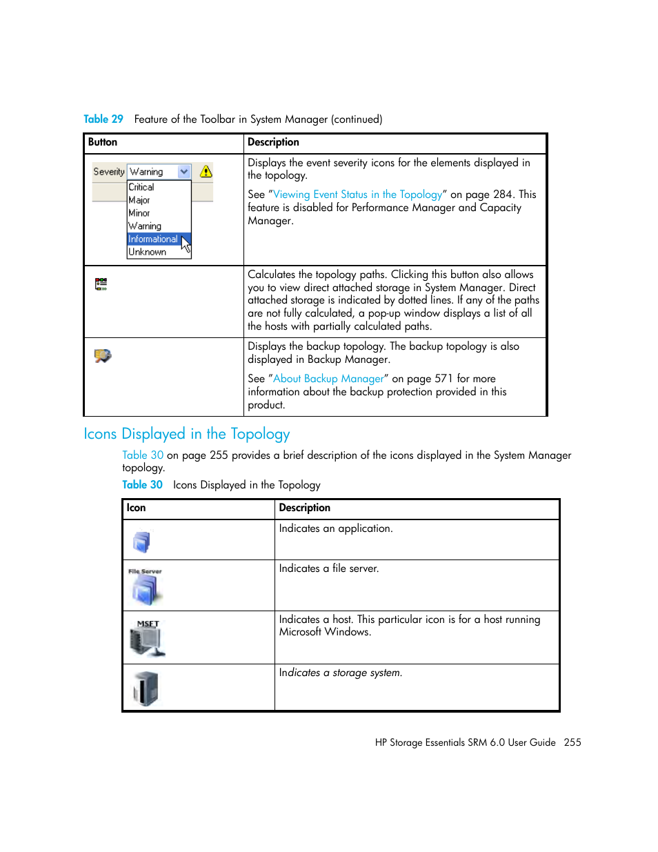 Icons displayed in the topology, 30 icons displayed in the topology | HP Storage Essentials Enterprise Edition Software User Manual | Page 293 / 798