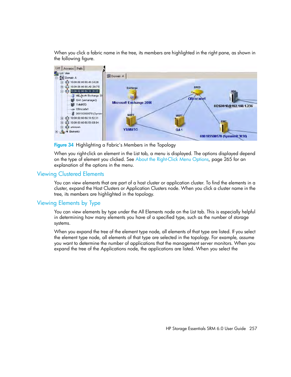 Viewing clustered elements, Viewing elements by type, 34 highlighting a fabric's members in the topology | HP Storage Essentials Enterprise Edition Software User Manual | Page 295 / 798