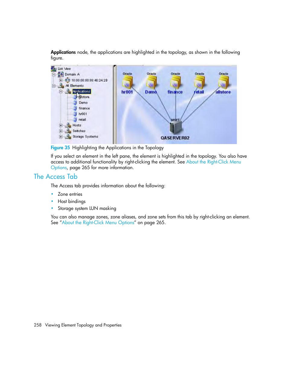 The access tab, 35 highlighting the applications in the topology, Access tab | HP Storage Essentials Enterprise Edition Software User Manual | Page 296 / 798