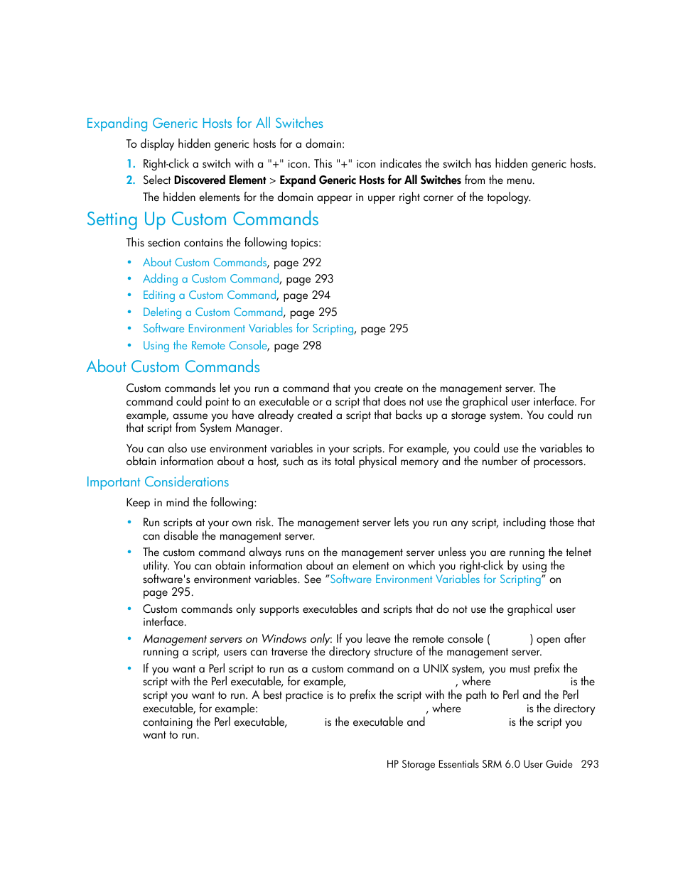 Expanding generic hosts for all switches, Setting up custom commands, About custom commands | Important considerations, Expanding generic hosts, For all switches | HP Storage Essentials Enterprise Edition Software User Manual | Page 331 / 798