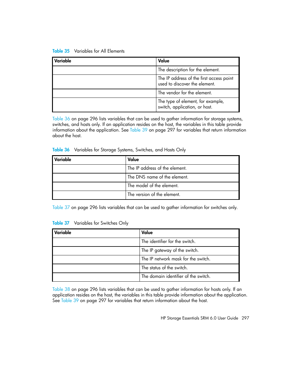 37 variables for switches only | HP Storage Essentials Enterprise Edition Software User Manual | Page 335 / 798