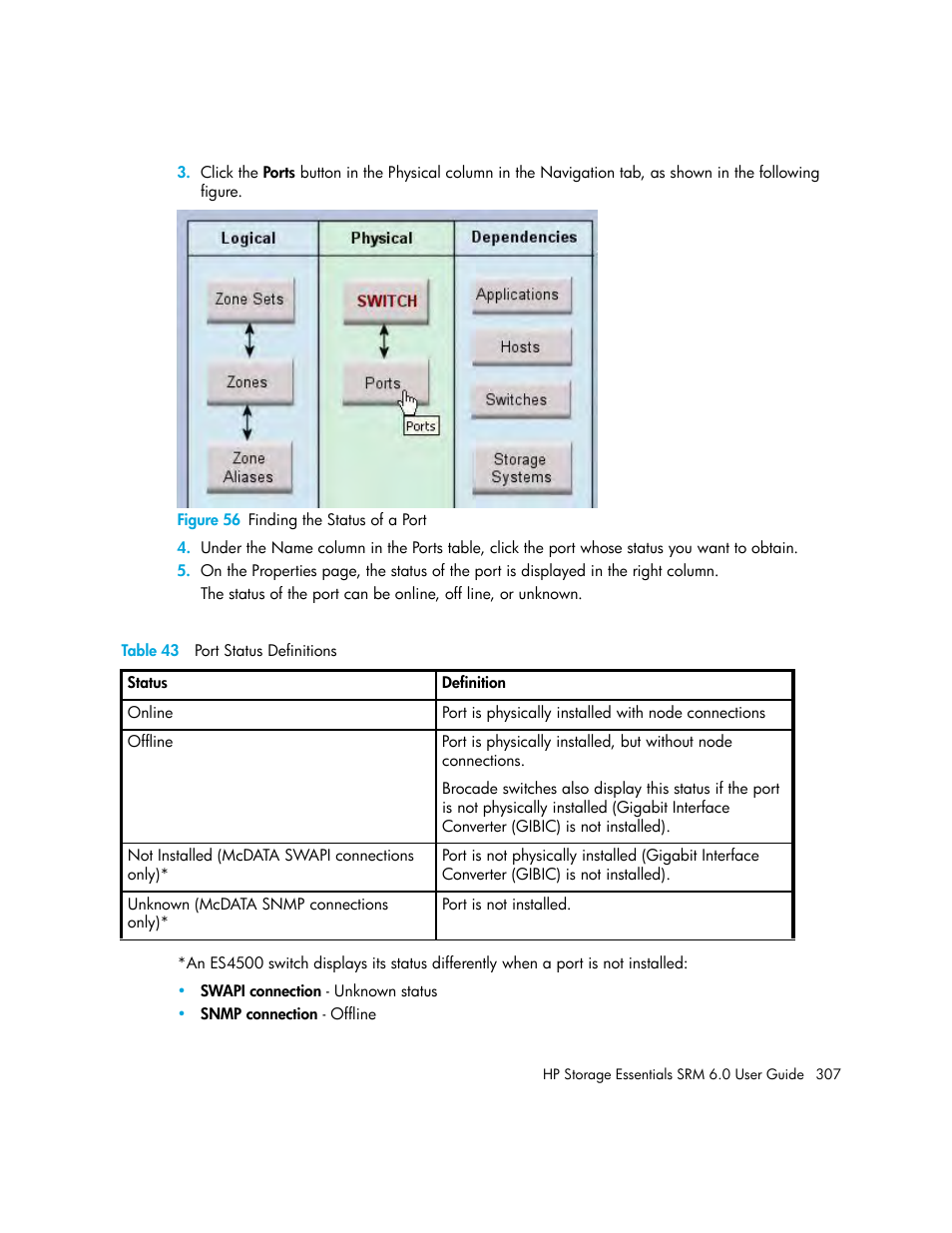 56 finding the status of a port, 43 port status definitions | HP Storage Essentials Enterprise Edition Software User Manual | Page 345 / 798