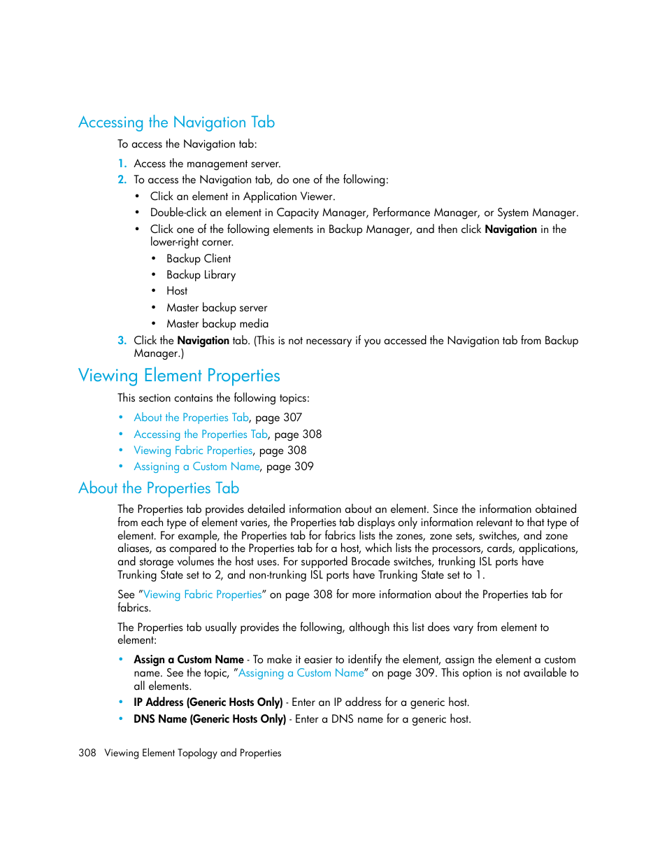 Accessing the navigation tab, Viewing element properties, About the properties tab | Viewing element, Properties | HP Storage Essentials Enterprise Edition Software User Manual | Page 346 / 798