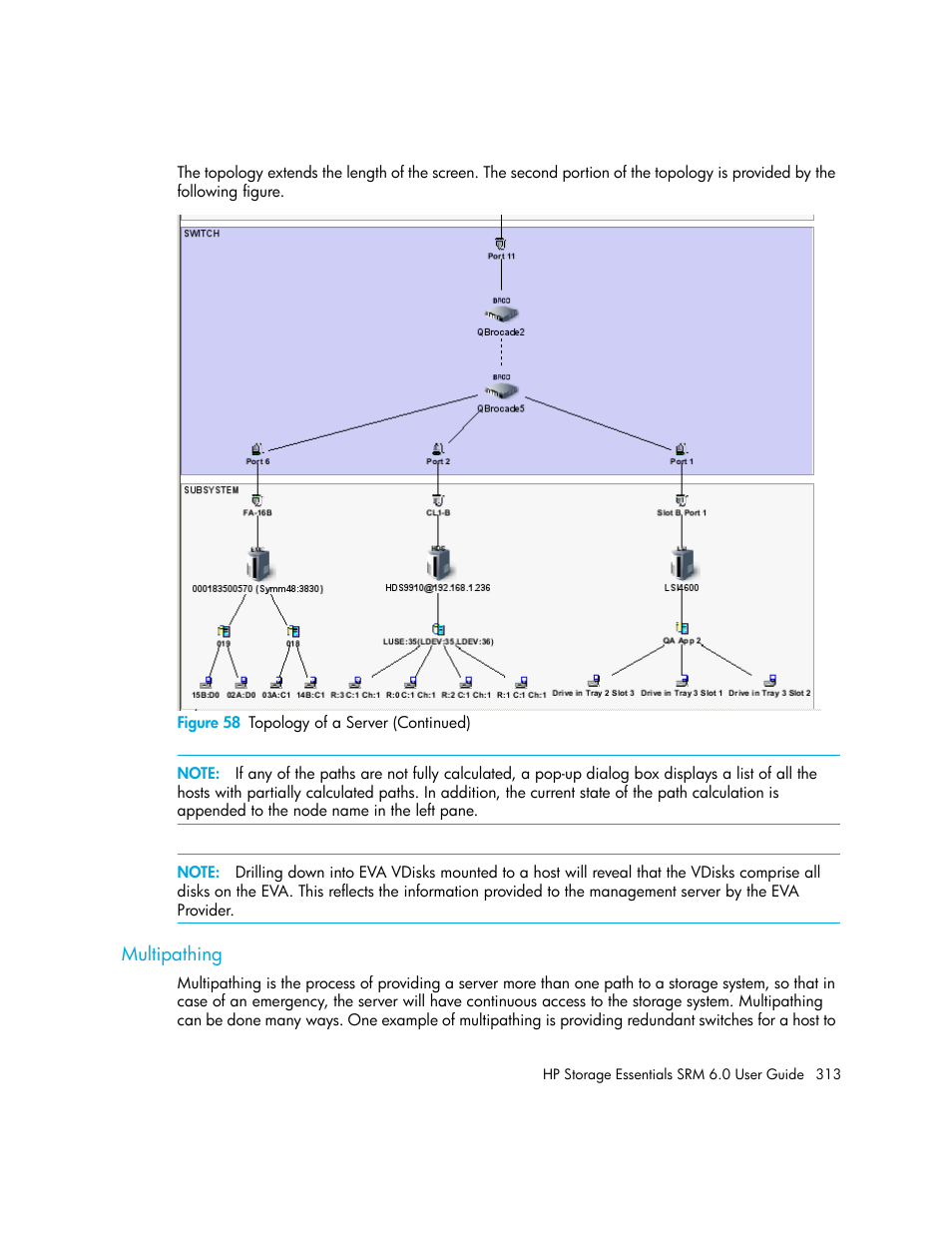 Multipathing, 58 topology of a server (continued) | HP Storage Essentials Enterprise Edition Software User Manual | Page 351 / 798