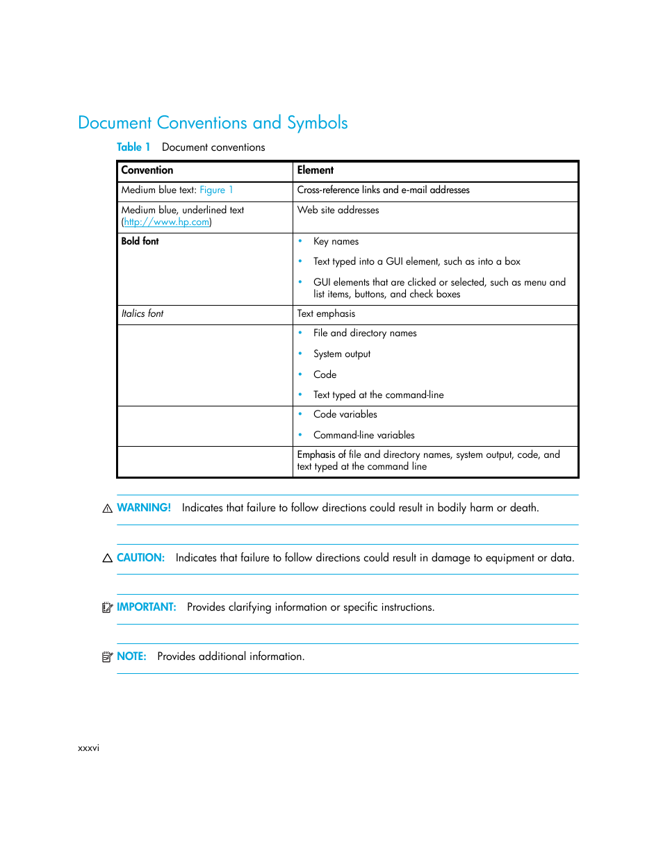 Document conventions and symbols | HP Storage Essentials Enterprise Edition Software User Manual | Page 36 / 798