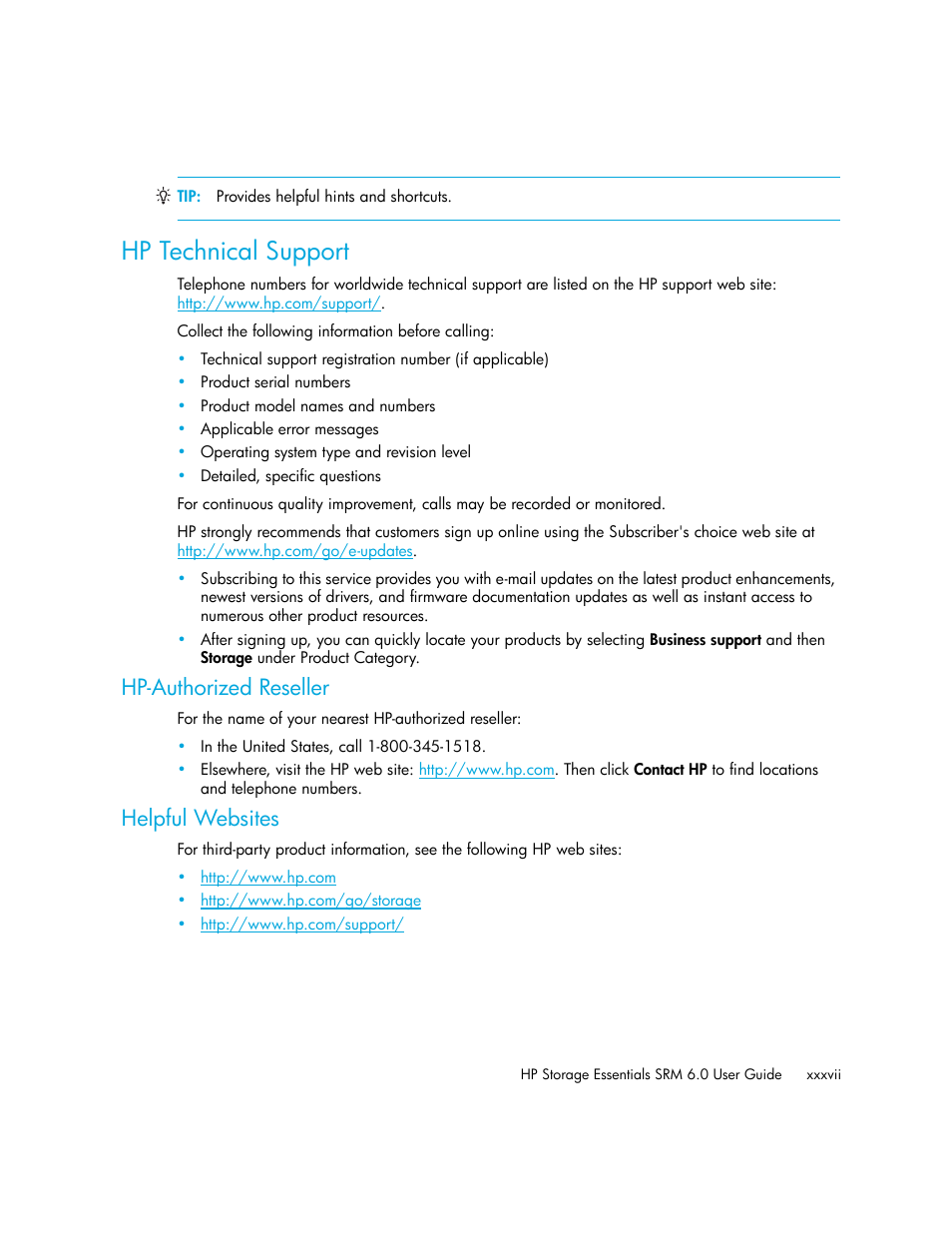 Hp technical support, Hp-authorized reseller, Helpful websites | HP Storage Essentials Enterprise Edition Software User Manual | Page 37 / 798