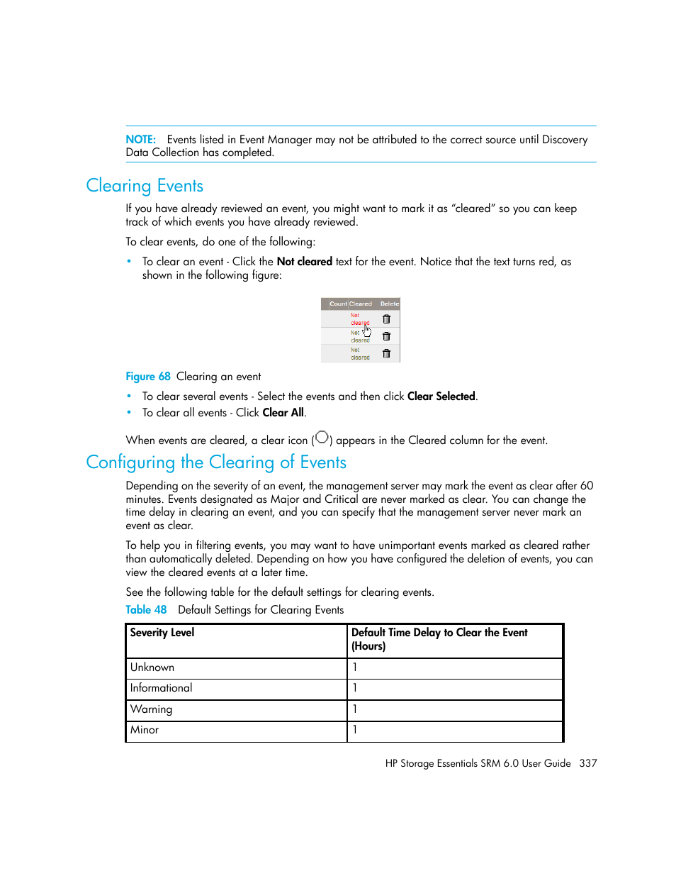 Clearing events, Configuring the clearing of events, 68 clearing an event | 48 default settings for clearing events | HP Storage Essentials Enterprise Edition Software User Manual | Page 375 / 798