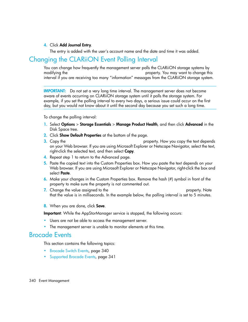 Changing the clariion event polling interval, Brocade events | HP Storage Essentials Enterprise Edition Software User Manual | Page 378 / 798