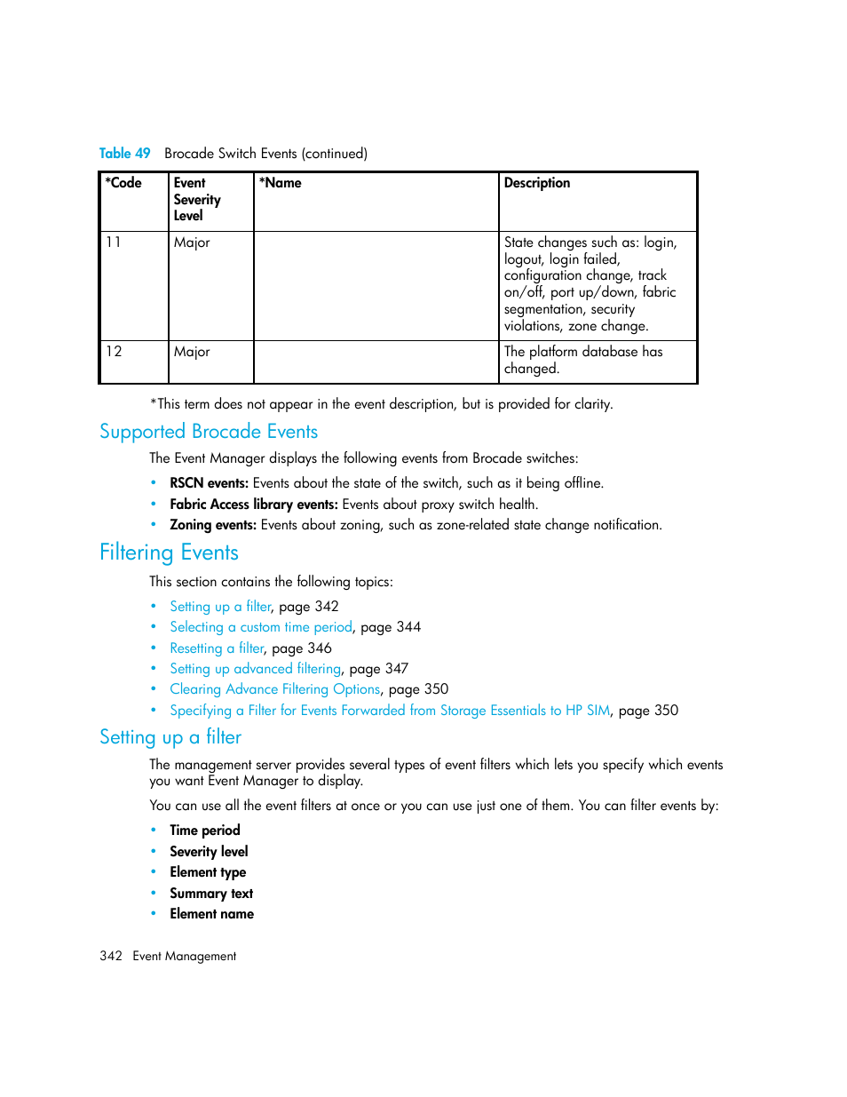 Supported brocade events, Filtering events, Setting up a filter | HP Storage Essentials Enterprise Edition Software User Manual | Page 380 / 798