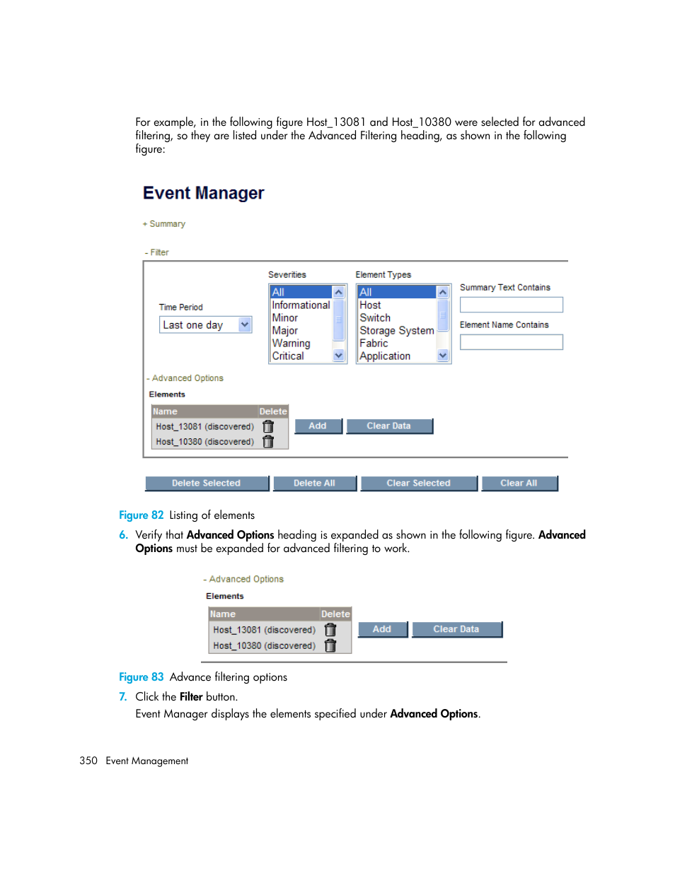 82 listing of elements, 83 advance filtering options | HP Storage Essentials Enterprise Edition Software User Manual | Page 388 / 798