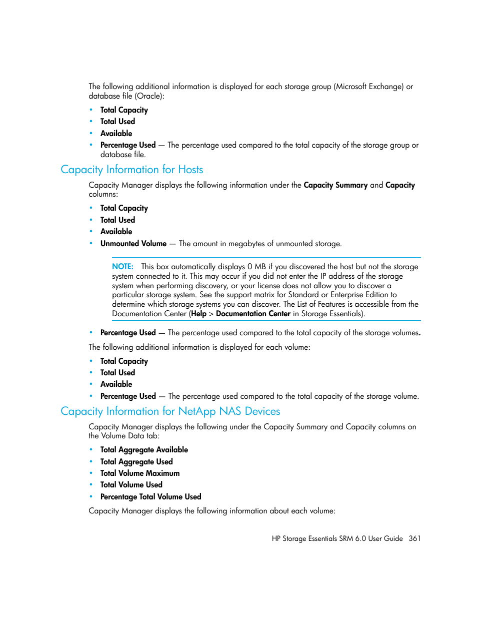 Capacity information for hosts, Capacity information for netapp nas devices | HP Storage Essentials Enterprise Edition Software User Manual | Page 399 / 798