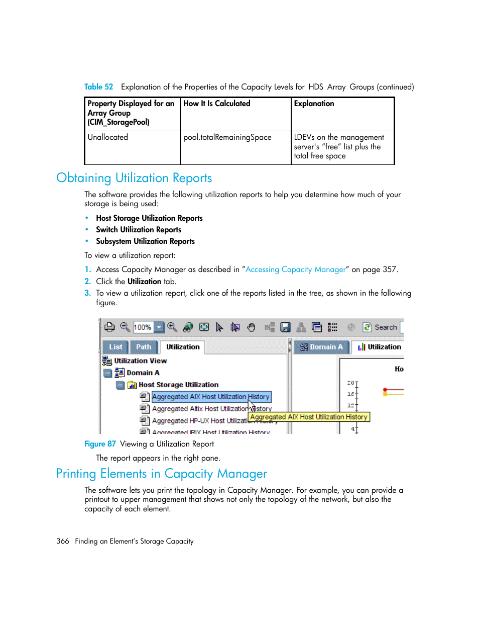 Obtaining utilization reports, Printing elements in capacity manager, 87 viewing a utilization report | HP Storage Essentials Enterprise Edition Software User Manual | Page 404 / 798