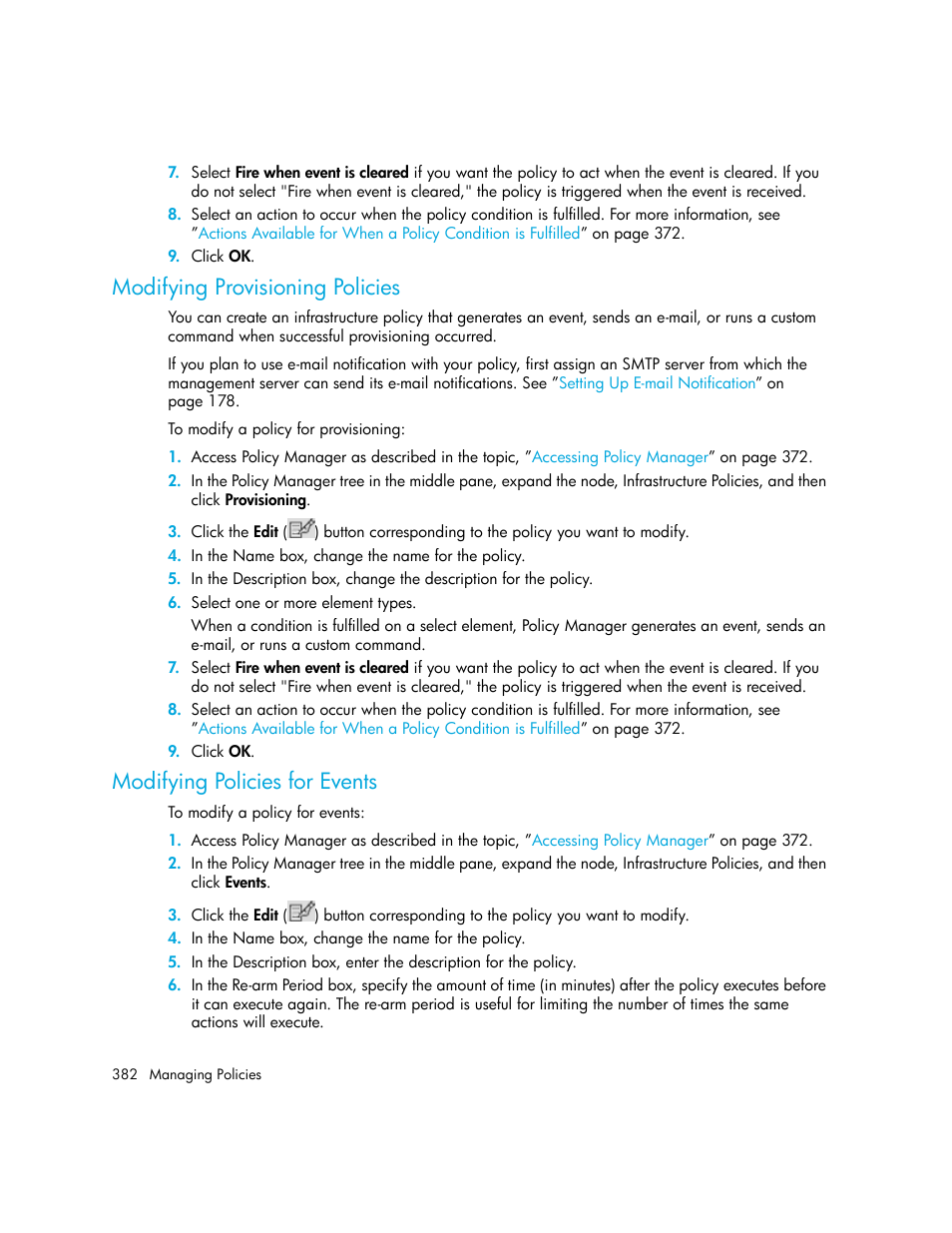 Modifying provisioning policies, Modifying policies for events | HP Storage Essentials Enterprise Edition Software User Manual | Page 420 / 798