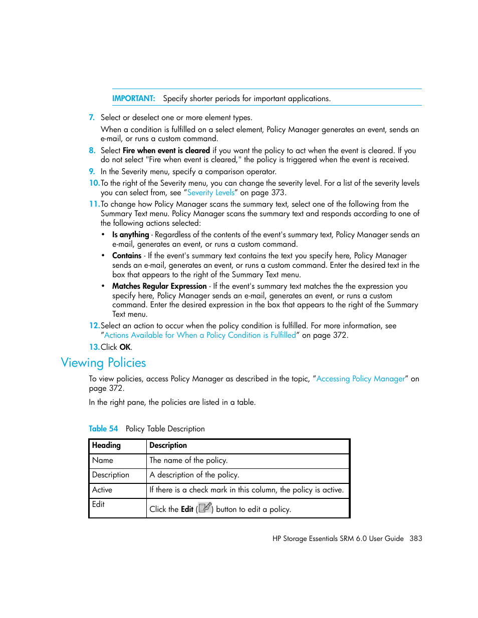 Viewing policies, 54 policy table description | HP Storage Essentials Enterprise Edition Software User Manual | Page 421 / 798