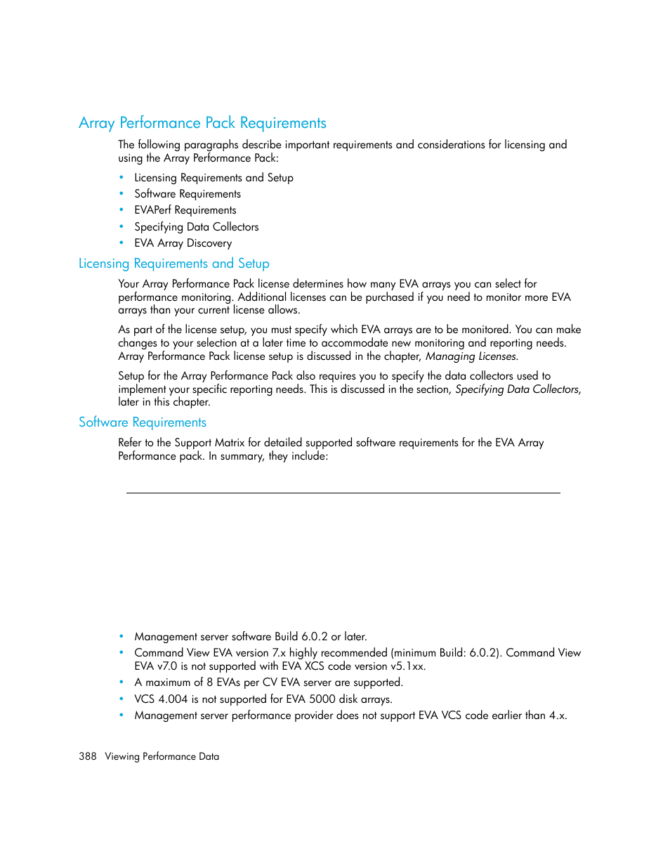 Array performance pack requirements, Licensing requirements and setup, Software requirements | HP Storage Essentials Enterprise Edition Software User Manual | Page 426 / 798