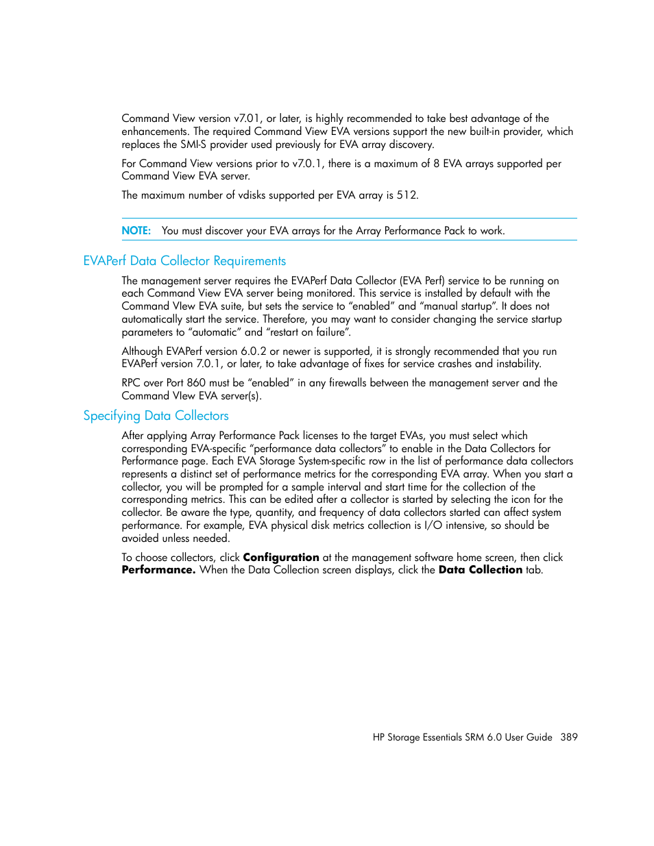 Evaperf data collector requirements, Specifying data collectors | HP Storage Essentials Enterprise Edition Software User Manual | Page 427 / 798