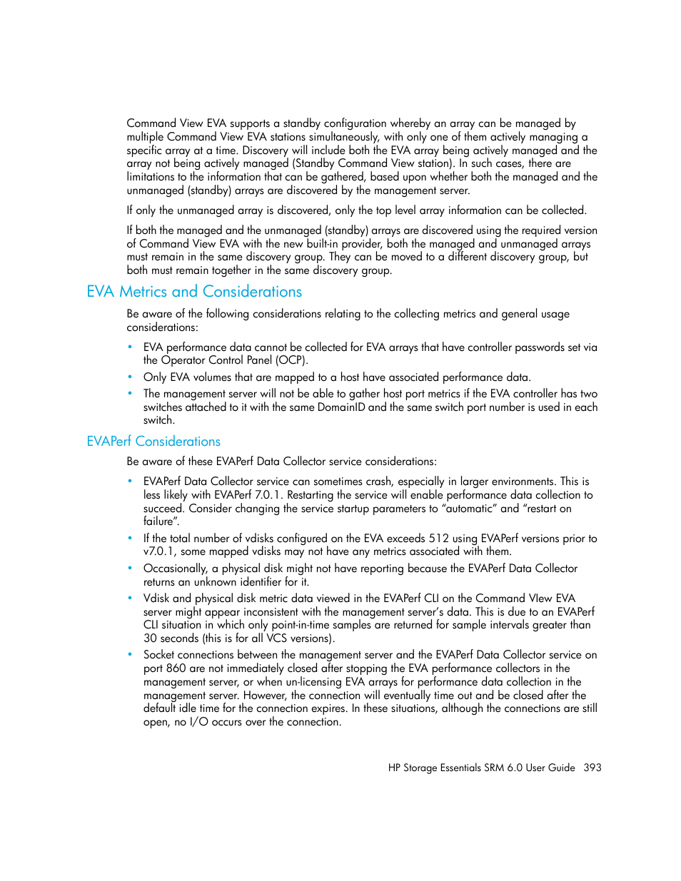 Eva metrics and considerations, Evaperf considerations | HP Storage Essentials Enterprise Edition Software User Manual | Page 431 / 798