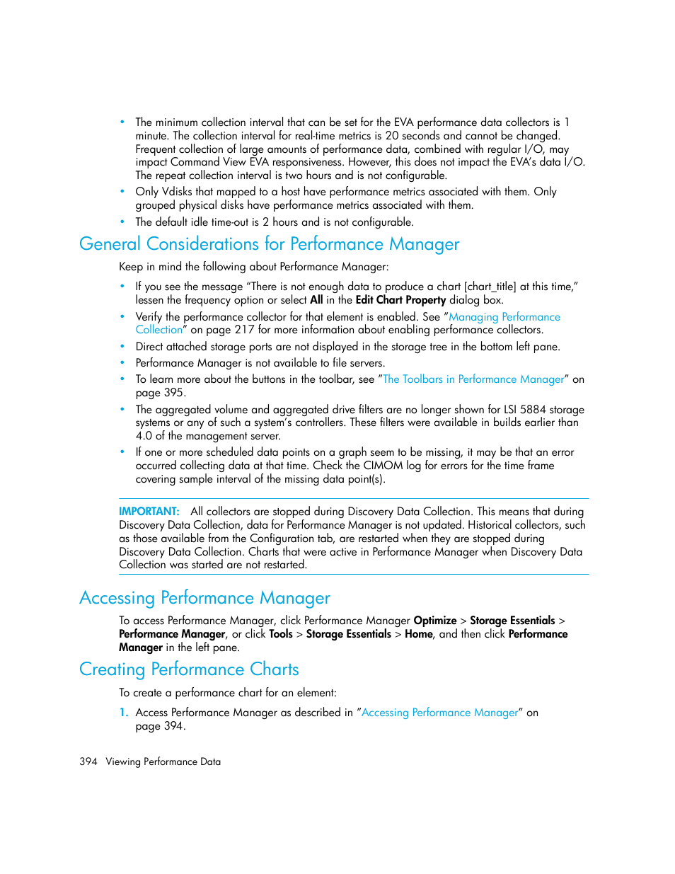 General considerations for performance manager, Accessing performance manager, Creating performance charts | HP Storage Essentials Enterprise Edition Software User Manual | Page 432 / 798