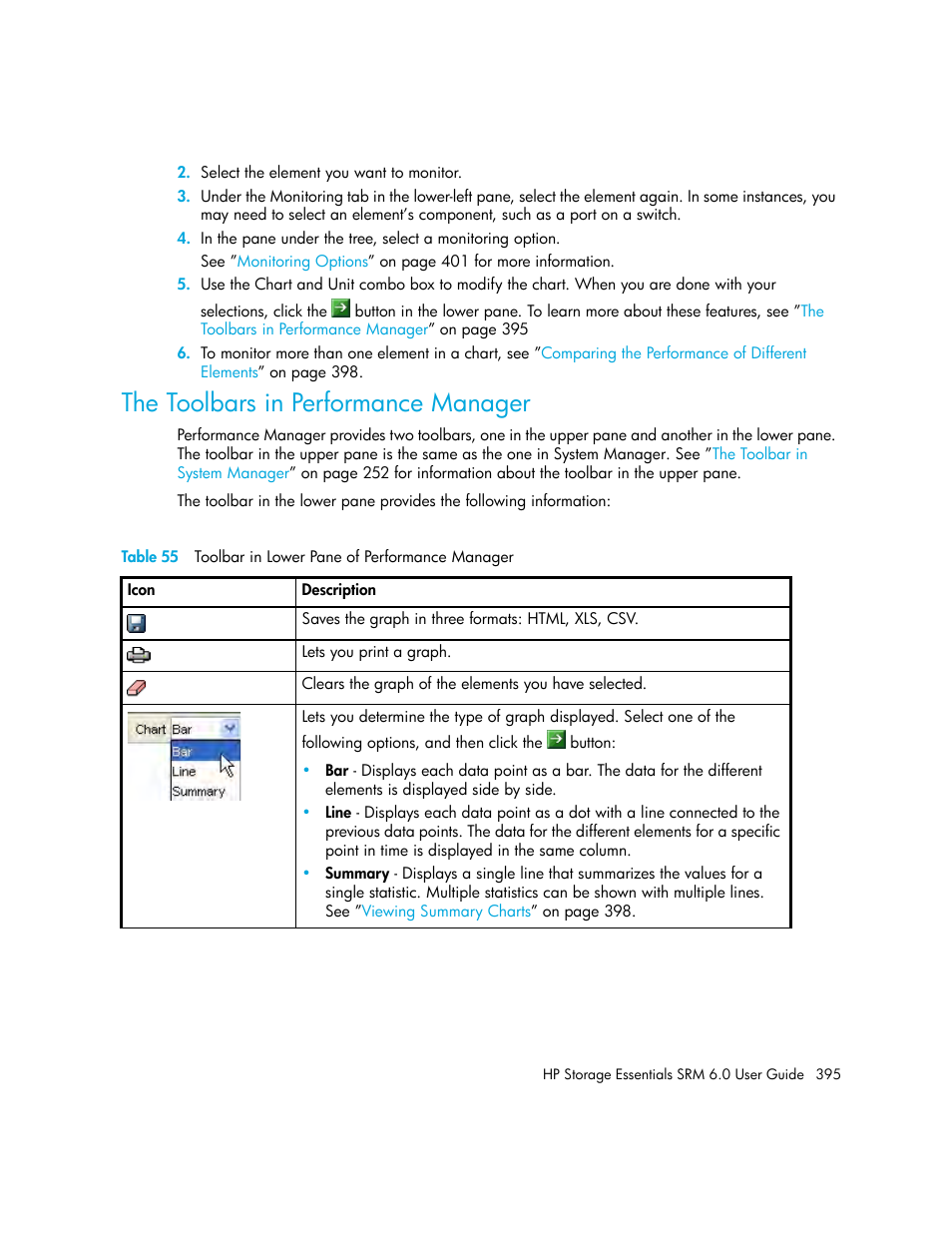 The toolbars in performance manager, 55 toolbar in lower pane of performance manager | HP Storage Essentials Enterprise Edition Software User Manual | Page 433 / 798