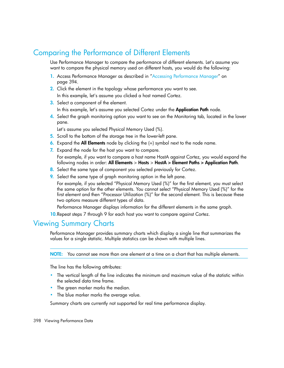 Comparing the performance of different elements, Viewing summary charts, Comparing the performance of different | Elements | HP Storage Essentials Enterprise Edition Software User Manual | Page 436 / 798