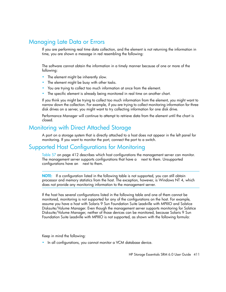 Managing late data or errors, Monitoring with direct attached storage, Supported host configurations for monitoring | HP Storage Essentials Enterprise Edition Software User Manual | Page 449 / 798