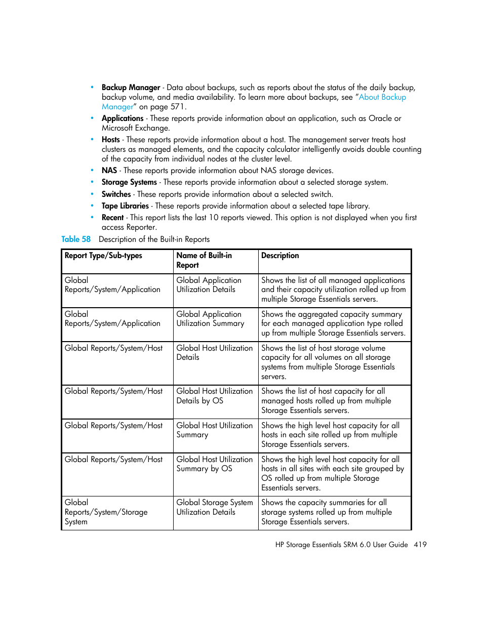 58 description of the built-in reports | HP Storage Essentials Enterprise Edition Software User Manual | Page 457 / 798
