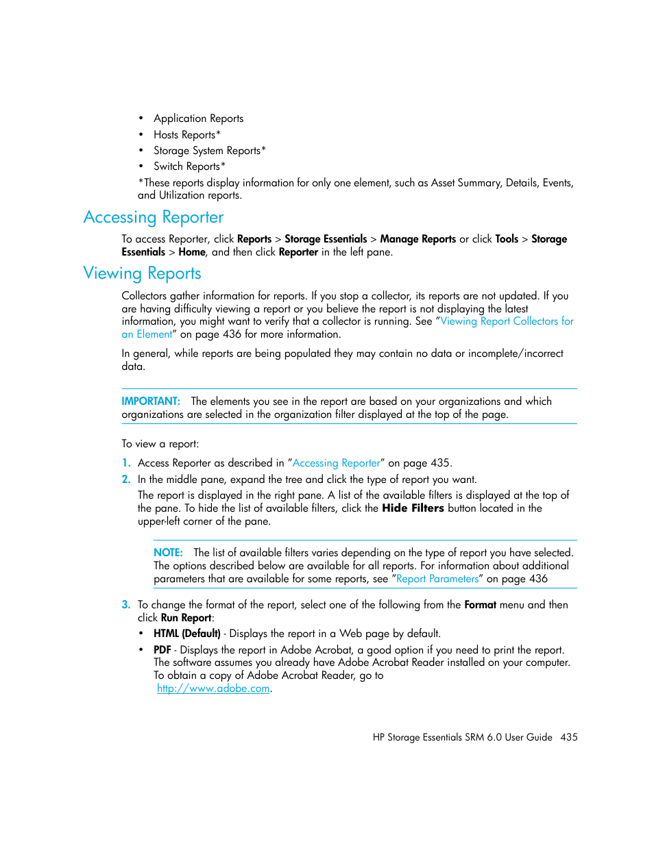 Accessing reporter, Viewing reports | HP Storage Essentials Enterprise Edition Software User Manual | Page 473 / 798
