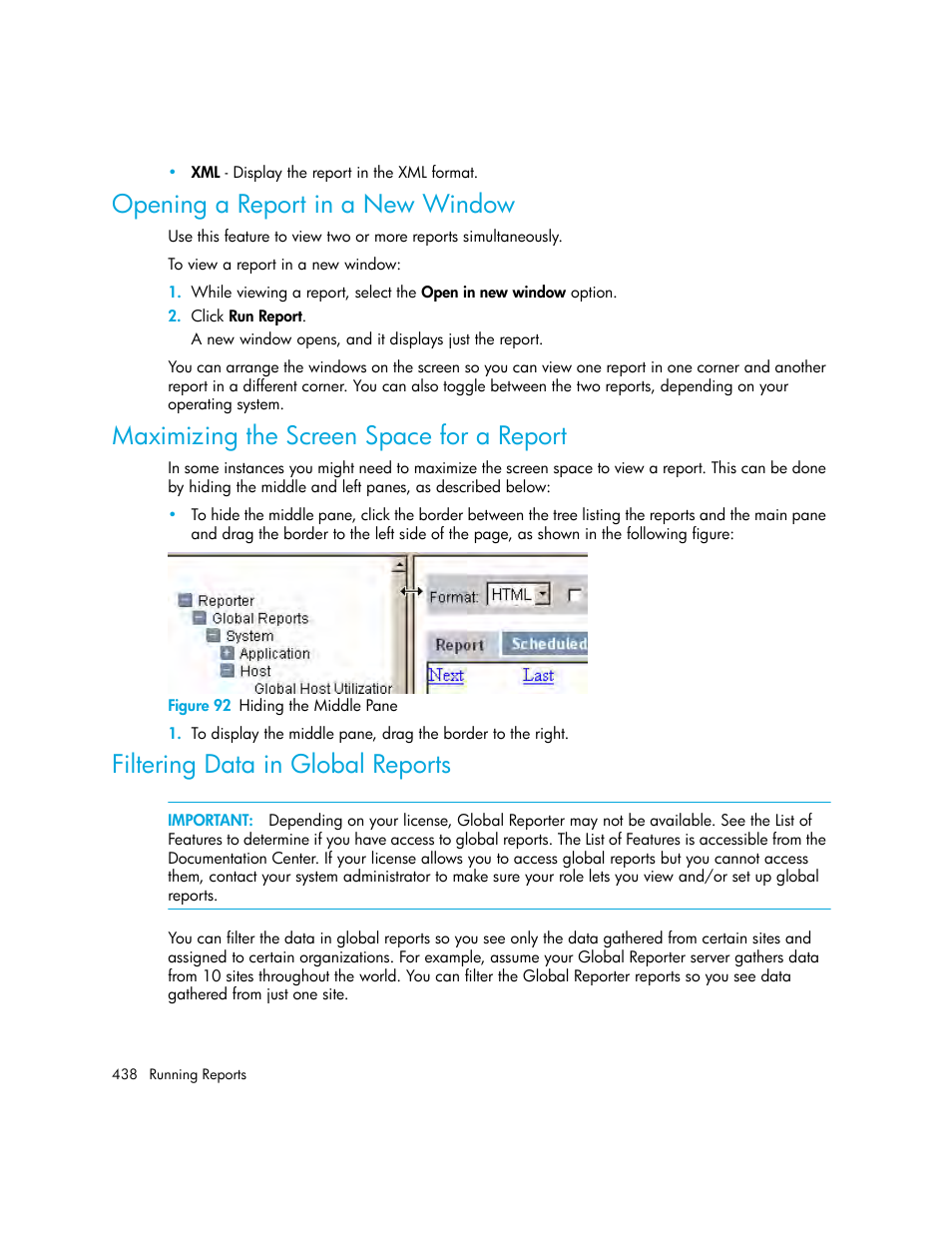 Opening a report in a new window, Maximizing the screen space for a report, Filtering data in global reports | 92 hiding the middle pane | HP Storage Essentials Enterprise Edition Software User Manual | Page 476 / 798