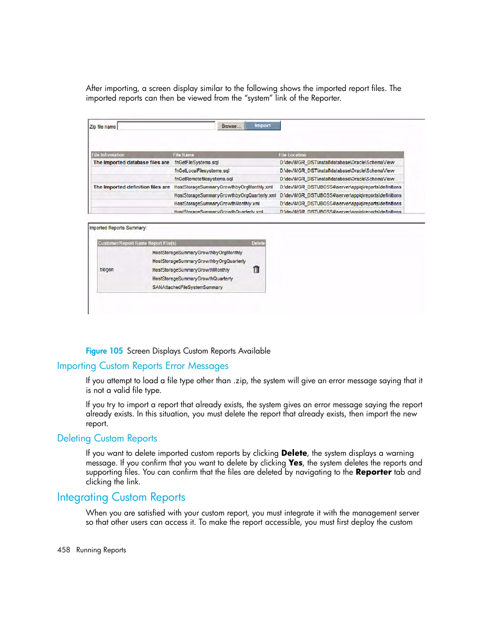 Importing custom reports error messages, Deleting custom reports, Integrating custom reports | 105 screen displays custom reports available | HP Storage Essentials Enterprise Edition Software User Manual | Page 496 / 798