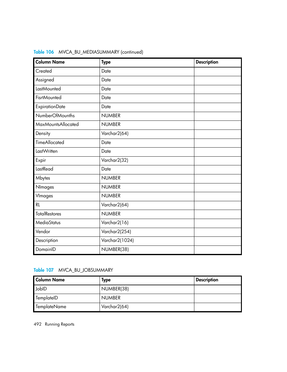 107 mvca_bu_jobsummary, Table 107 | HP Storage Essentials Enterprise Edition Software User Manual | Page 530 / 798