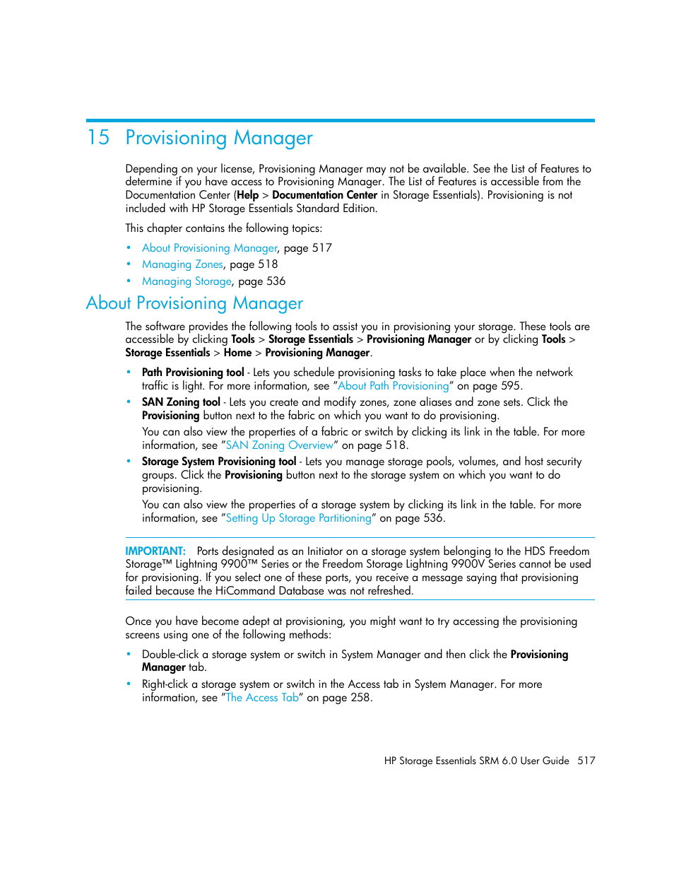 Provisioning manager, About provisioning manager, 15provisioning manager | About, 15 provisioning manager | HP Storage Essentials Enterprise Edition Software User Manual | Page 555 / 798