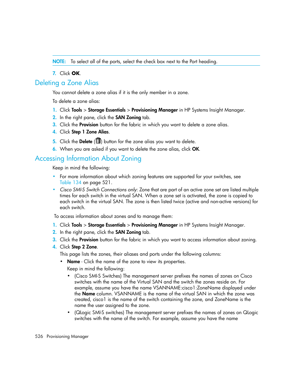 Deleting a zone alias, Accessing information about zoning | HP Storage Essentials Enterprise Edition Software User Manual | Page 564 / 798