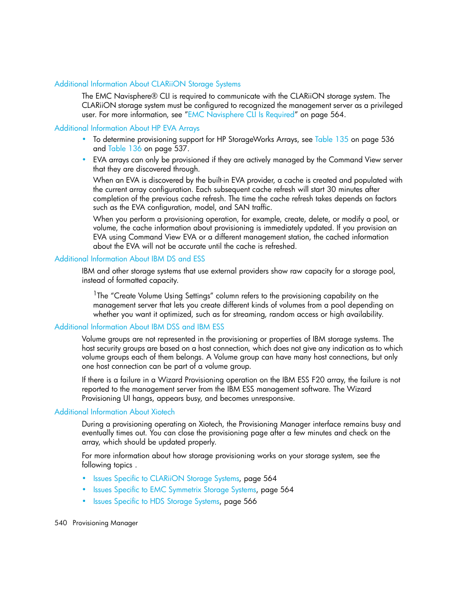 Additional information about hp eva arrays, Additional information about ibm ds and ess, Additional information about ibm dss and ibm ess | Additional information about xiotech, Additional, Information about, Clariion storage, Systems, Information about ibm ds, And ess | HP Storage Essentials Enterprise Edition Software User Manual | Page 578 / 798