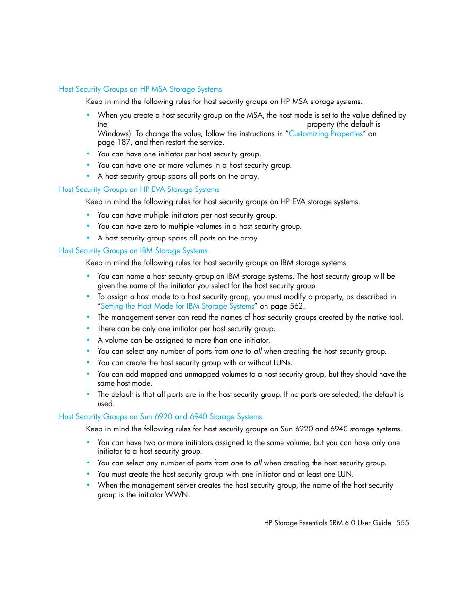 Host security groups on hp msa storage systems, Host security groups on hp eva storage systems, Host security groups on ibm storage systems | HP Storage Essentials Enterprise Edition Software User Manual | Page 593 / 798