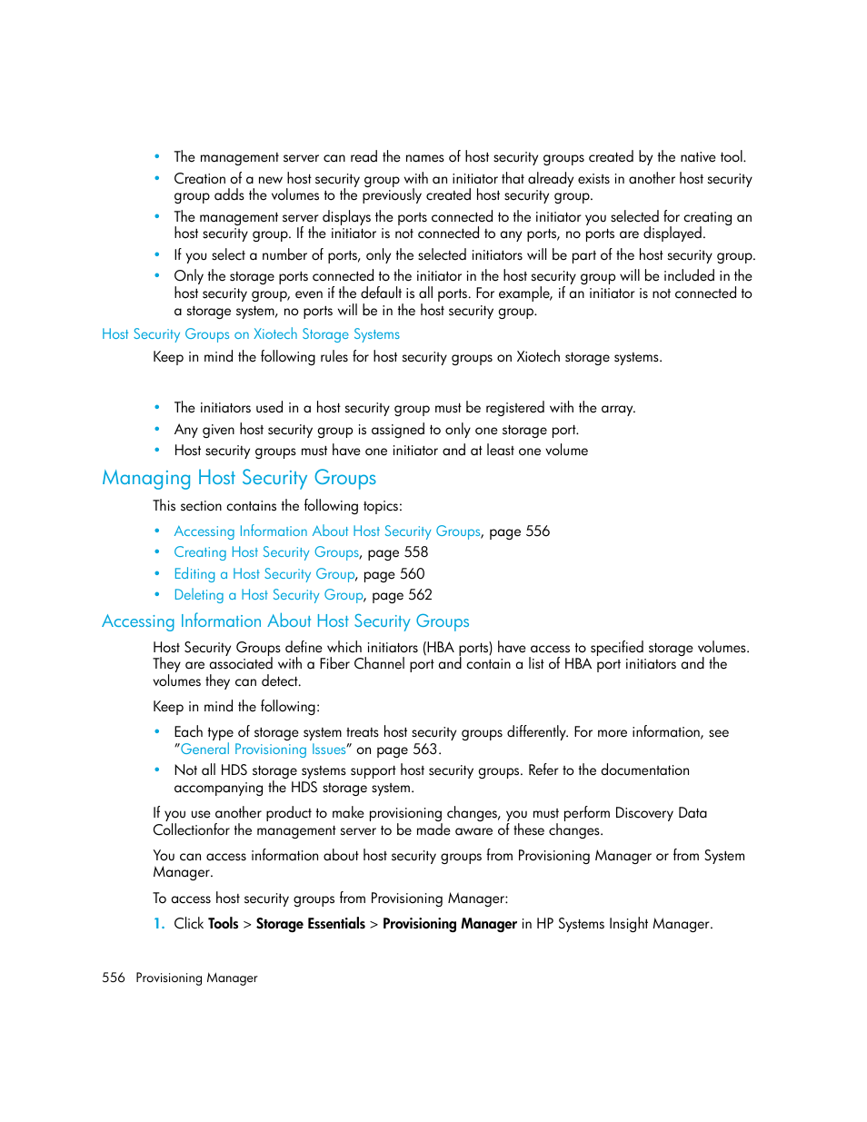 Managing host security groups, Accessing information about host security groups, Host security groups on xiotech storage systems | HP Storage Essentials Enterprise Edition Software User Manual | Page 594 / 798