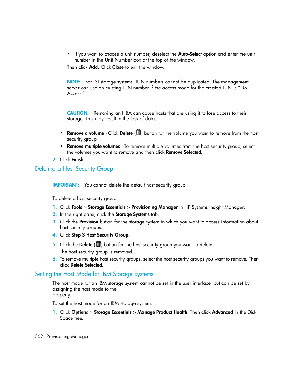 Deleting a host security group, Setting the host mode for ibm storage systems | HP Storage Essentials Enterprise Edition Software User Manual | Page 600 / 798