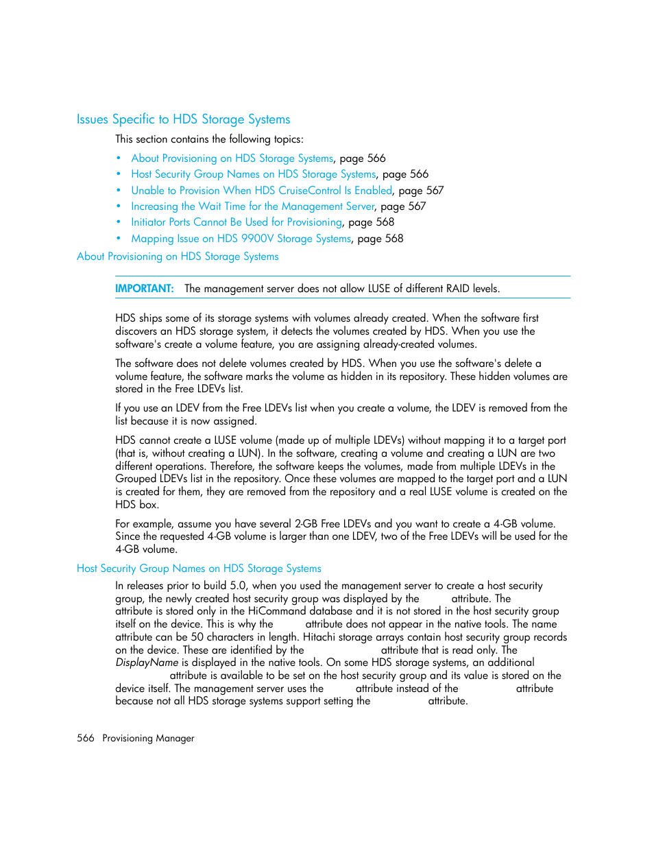 Issues specific to hds storage systems, About provisioning on hds storage systems, Host security group names on hds storage systems | Host security group names on, Hds storage systems | HP Storage Essentials Enterprise Edition Software User Manual | Page 604 / 798