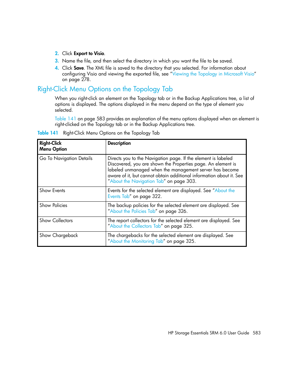 Right-click menu options on the topology tab, 141 right-click menu options on the topology tab | HP Storage Essentials Enterprise Edition Software User Manual | Page 621 / 798