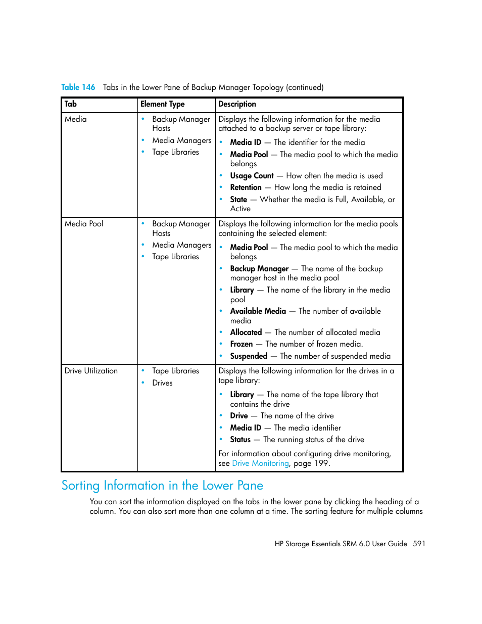 Sorting information in the lower pane | HP Storage Essentials Enterprise Edition Software User Manual | Page 629 / 798