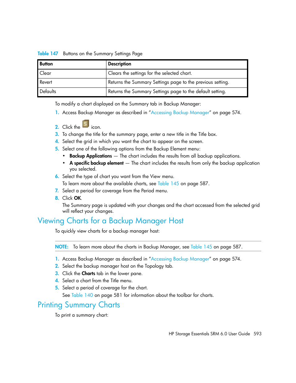 Viewing charts for a backup manager host, Printing summary charts, Printing | Summary charts, Viewing charts for a backup, Manager host | HP Storage Essentials Enterprise Edition Software User Manual | Page 631 / 798