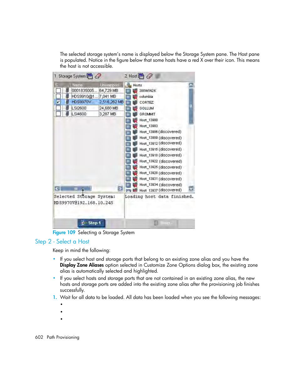 Step 2 - select a host, 109 selecting a storage system | HP Storage Essentials Enterprise Edition Software User Manual | Page 640 / 798