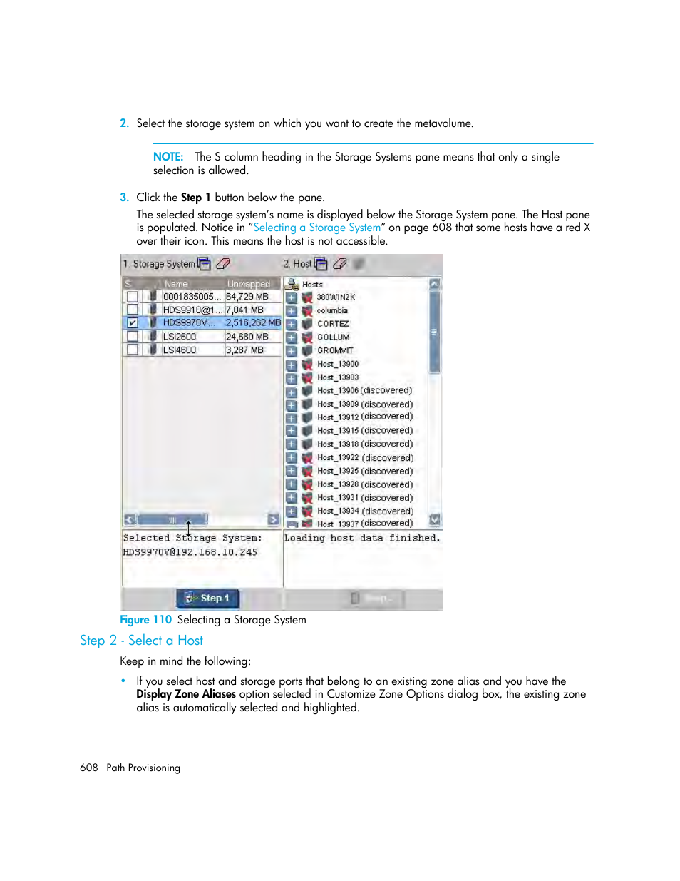 Step 2 - select a host, 110 selecting a storage system | HP Storage Essentials Enterprise Edition Software User Manual | Page 646 / 798
