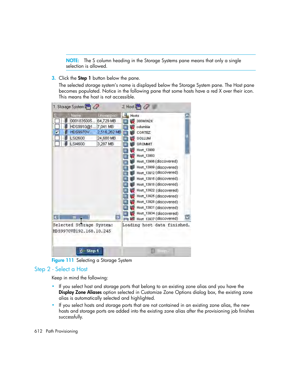 Step 2 - select a host, 111 selecting a storage system | HP Storage Essentials Enterprise Edition Software User Manual | Page 650 / 798