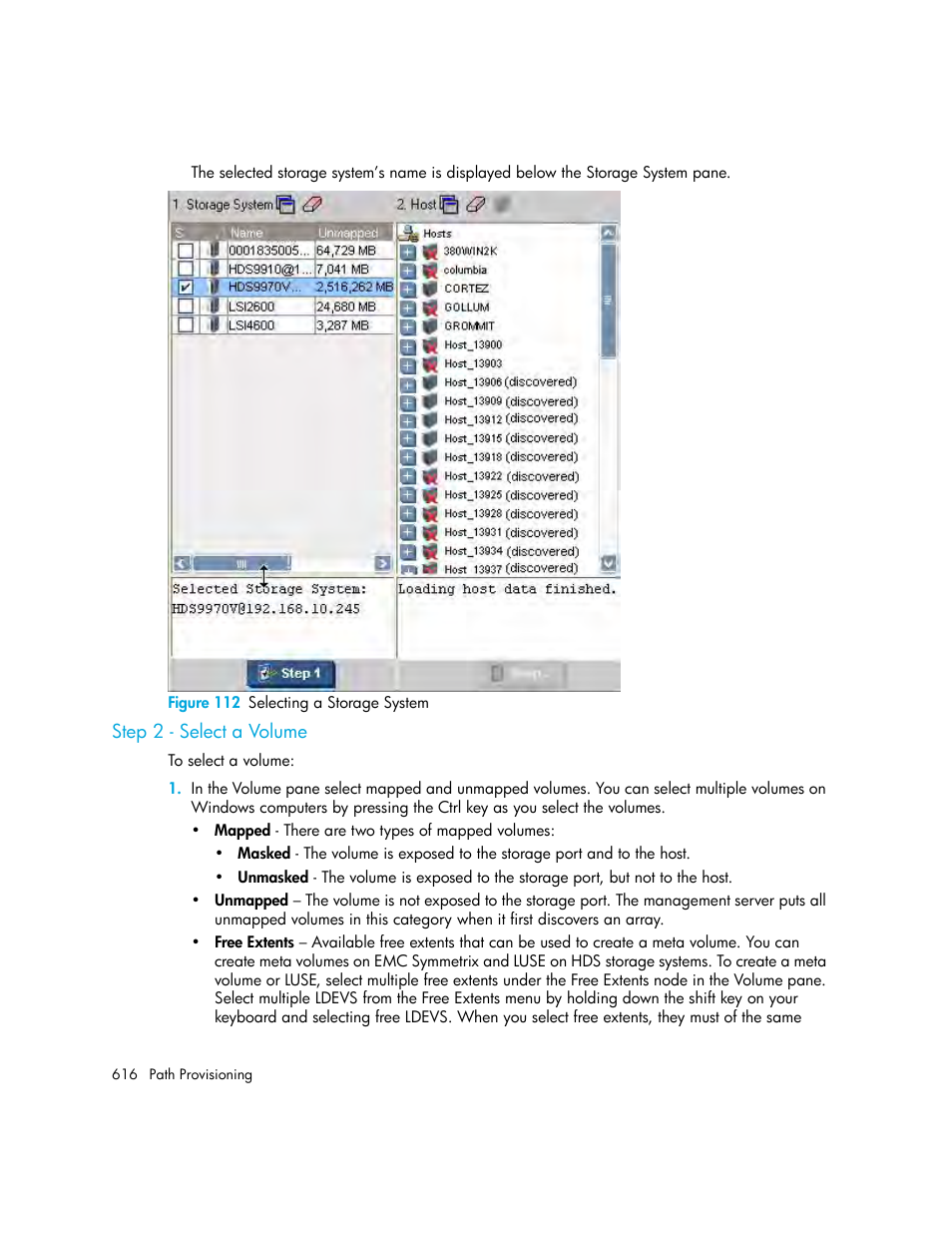 Step 2 - select a volume, 112 selecting a storage system | HP Storage Essentials Enterprise Edition Software User Manual | Page 654 / 798