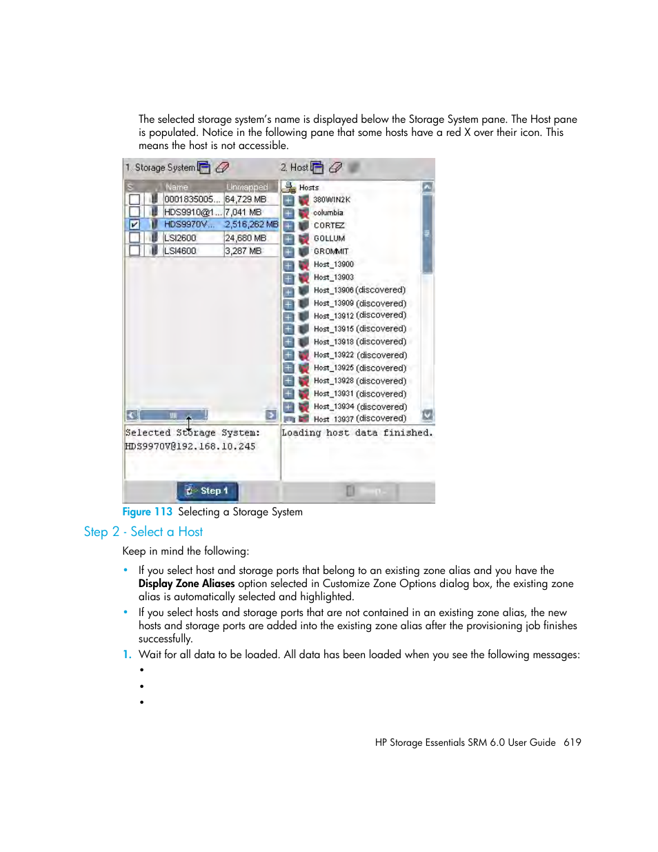 Step 2 - select a host, 113 selecting a storage system | HP Storage Essentials Enterprise Edition Software User Manual | Page 657 / 798