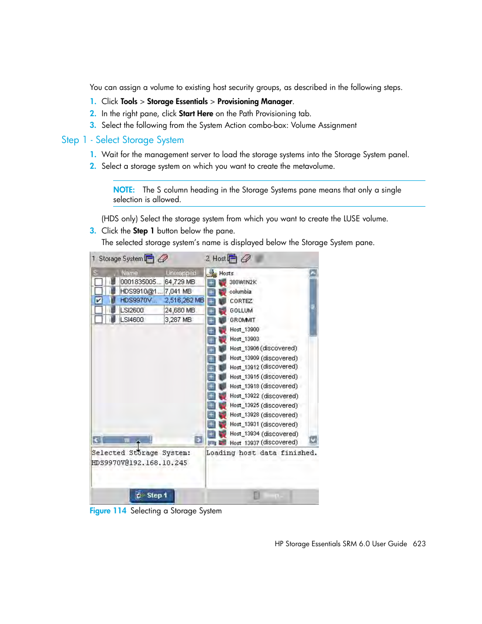 Step 1 - select storage system, 114 selecting a storage system | HP Storage Essentials Enterprise Edition Software User Manual | Page 661 / 798