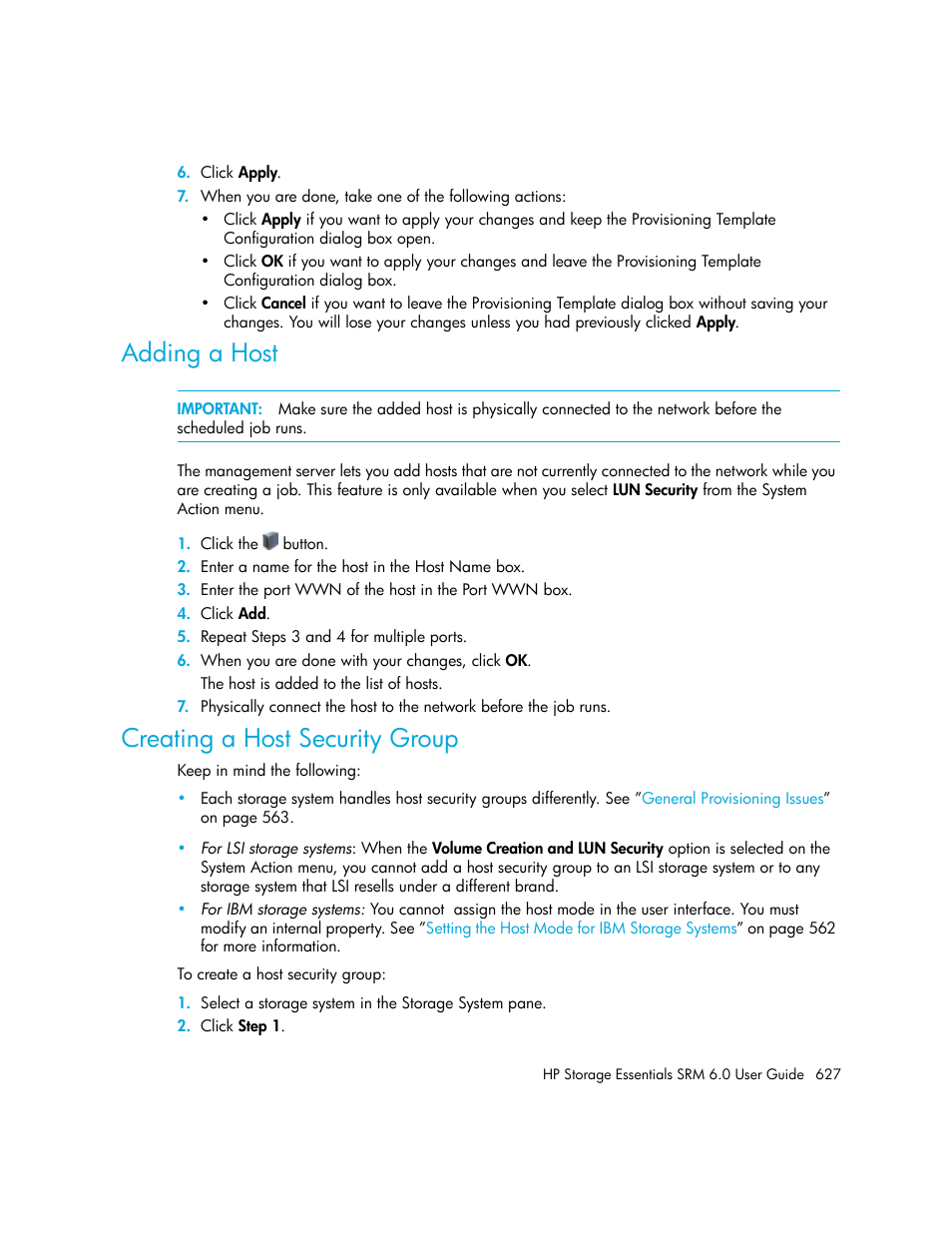 Adding a host, Creating a host security group | HP Storage Essentials Enterprise Edition Software User Manual | Page 665 / 798