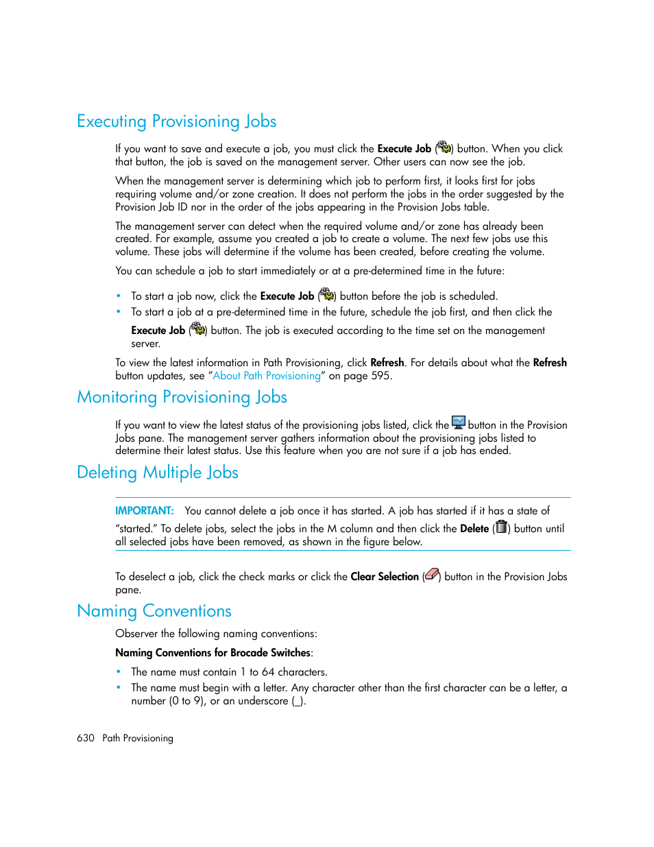 Executing provisioning jobs, Monitoring provisioning jobs, Deleting multiple jobs | Naming conventions | HP Storage Essentials Enterprise Edition Software User Manual | Page 668 / 798